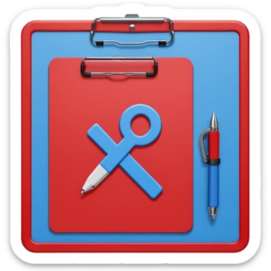 A red clipboard with a tactical scheme (X's and O's) crossed out and a question mark (?) above it. blue (#00A3E0) and red (#F9423A) sticker