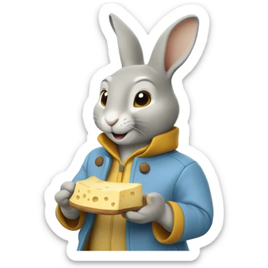 Peter rabbit: a yellow rabbit wearing a light blue jacket. Eating a gorgonzola cheese sticker
