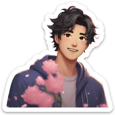 Gorgeous bright sparkly romantic Asian anime style guy with blushing face and flowers aesthetic trending style outside sticker