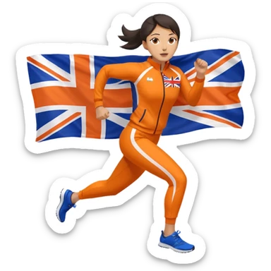 asian woman in orange sport suit and uk flag on the back holding it, running sticker