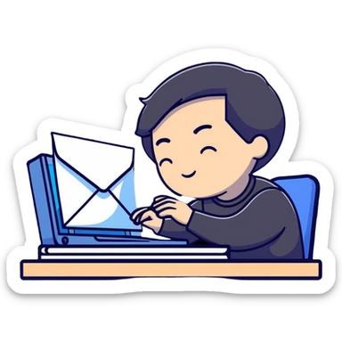 Person taking a deep breath with eyes closed, sitting at desk with email notification on screen sticker