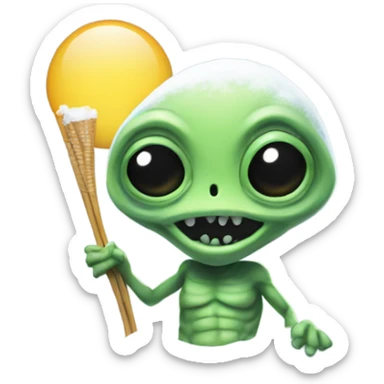 alien holding a small straw next to a mound of snow sticker