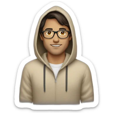 Man with dark brown hair and glasses wearing a beige hoodie sticker