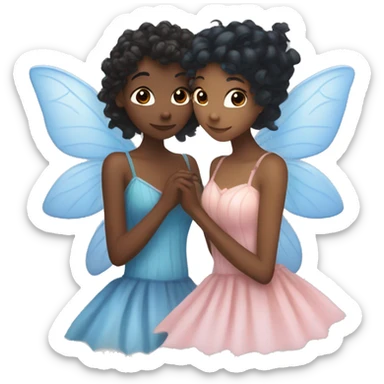 two fairies kissing, one is pale white and has a pink dress and her hair is orange, and other is dark brown with curly black hair and a blue dress sticker