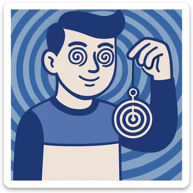 Add a hypnotic swirling background behind the stylized character, maintaining the flat blue illustration style. sticker