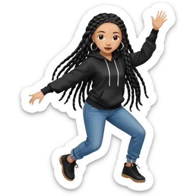 African American light skin girl with long black box braids wearing a plain black hoodie wearing denim jeans and shoes dancing in music video sticker