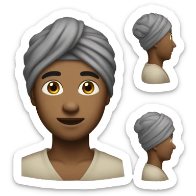 Got it! Here's the description: "a person wearing a turban, facing forward, but with their head slightly turned to the right so that their face is not fully visible." sticker