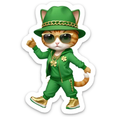 female cat wearing hip-hop Run DMC outfit with green tracksuit, fedora with shamrock, dark sunglasses, gold chains, bling accessories, St. Patrick's Day theme, break dancing sticker