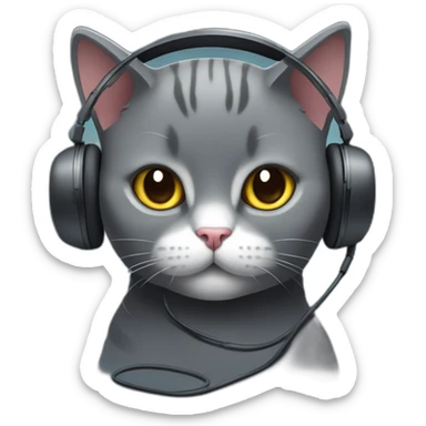 Dark Grey British short hair cat wearing gaming headset sticker