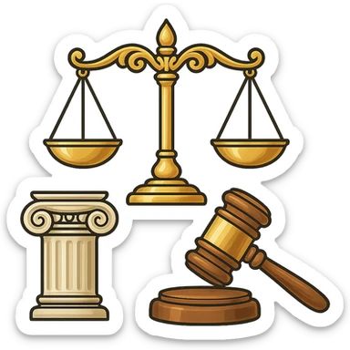 Vector illustration of a classic symbol of law (e.g. scales of justice, gavel, courthouse column), designed with elegant and refined lines. Include intricate golden detailing, soft gradients for a polished metallic look, and realistic shadows and highlights for depth. Style should be clean and professional, with a modern yet timeless feel. Transparent background sticker