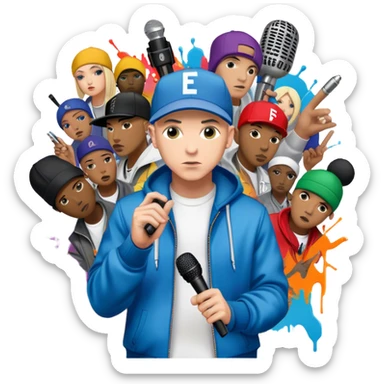 Icon for Hip-Hop Music: Eminem with his signature microphone, surrounded by other hip-hop icons. The design should reflect the raw energy of the genre with urban elements, graffiti, and vibrant colors. Transparent background. sticker