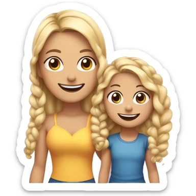 An emoji of a blonde mother with very long hair and a cheerful expression, standing next to her 3-year-old daughter, a small girl with black hair styled in two braids, both smiling happily together sticker