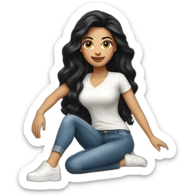 Brazilian Woman with small lips black eyes long black hair dressing jeans with white Tshirt in creamy high heels sticker