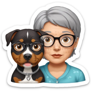ONE Pit bull Rottweiler mix with white muzzle and spots on muzzle next to ONE older woman with really short grey hair and brown eyes sticker