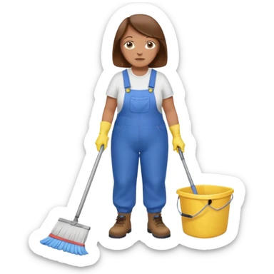 old and fat women, brown hair, Custodian with yellow rubber gloves, white T-shirt, blue overalls, mopping floor sticker