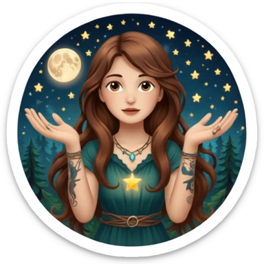 forest mystic woman long wavy brown hair tattoos catching falling moon spark in hands sticker