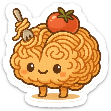 brain shaped like a spaghetti nest with a tiny fork twirling noodles and a tomato on top, humorous cartoon style referencing Italian brainrot sticker