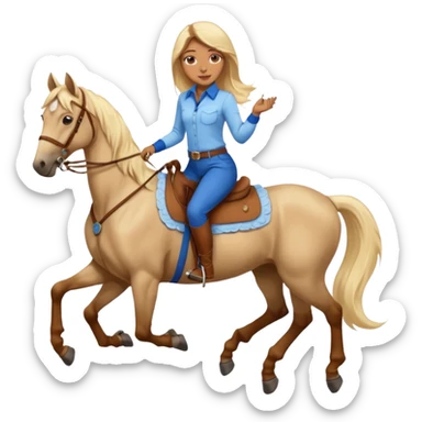 Brown girl with very long blonde hair wearing a cream colored; collared long sleeve shirt and blue riding pants with brown boots on top of a brown horse with 4 legs sticker