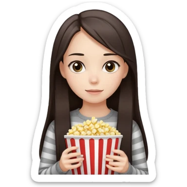 girl with dark brown straight long hair, striped light sweater, gray gray eyes, holding popcorn in her hands sticker