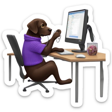 Chocolate lab working on computer with small headset , food on desk, wearing purple sweater  sticker