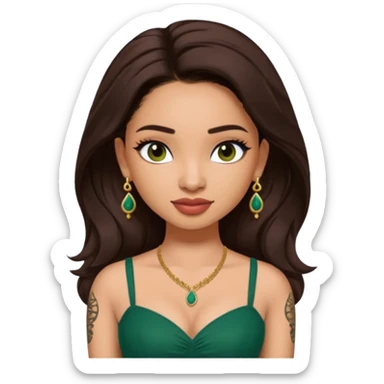 pretty bratz genmoji that looks like tamannah bhatia (bollywood actress), wearing a dark green sweetheart neckline top, dark brown hair, light makeup, no necklace, dangly earrings, side hair part, dark brown eyes, with tattoos sticker