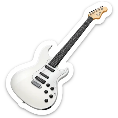 White electric guitar with sleek shiny body, black strings, and smooth neck sticker