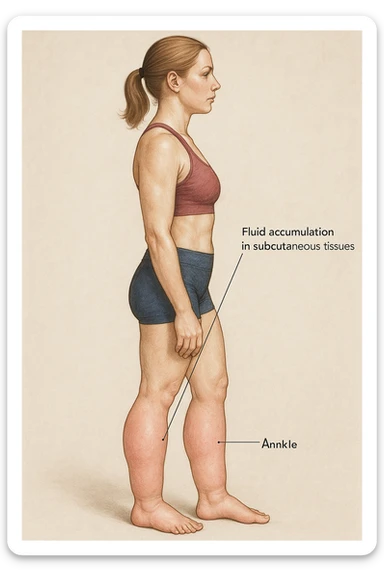 realistic anatomical illustration of a woman in sportswear, side view, showing localized swelling on calves and ankles due to water retention, highlighting fluid in subcutaneous tissues, neutral medical style background sticker
