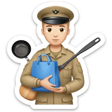 soldier holding a puffy blue grocery bag and a frying pan sticker