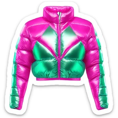 Realistic isolated side view of an open metallic hot pink cropped puffer jacket and metallic mint green sports bra underneath the jacket. sticker