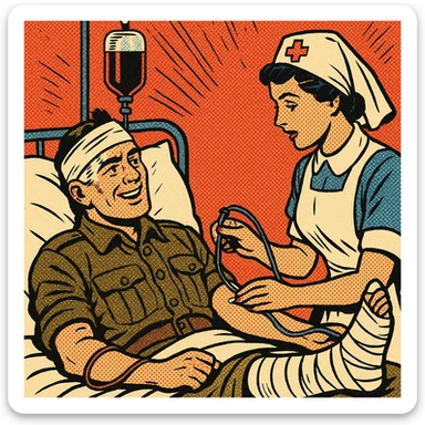 A world war one British soldier in an army hospital bed.  The soldier has a bandage around his head, with a splint on one of his legs.  He is also being given a blood transfusion from an army hospital nurse. sticker