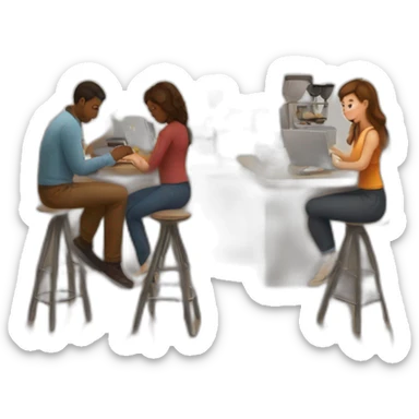 a coffee shop with people working on their macbooks sticker
