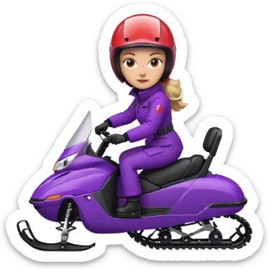 Woman on purple snowmobile wearing red coat sticker