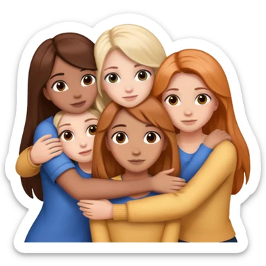 six girls, group hug, matching the described hair, eye, and skin colors sticker