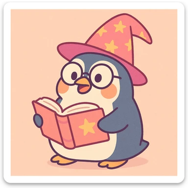 chubby penguin wizard with glasses, holding an open spellbook, soft pastel style sticker