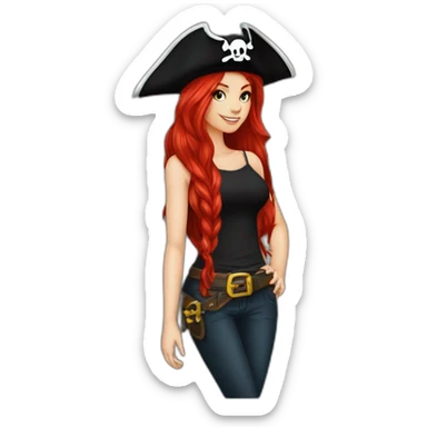 Woman long red hair on one side, tattoo on side of head.  pirate hat. skull and crossbones t shirt sticker