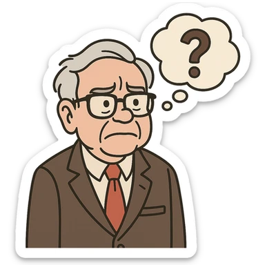 Warren Buffett with a thought bubble containing a question mark, looking uncertain, business suit, cartoon style sticker
