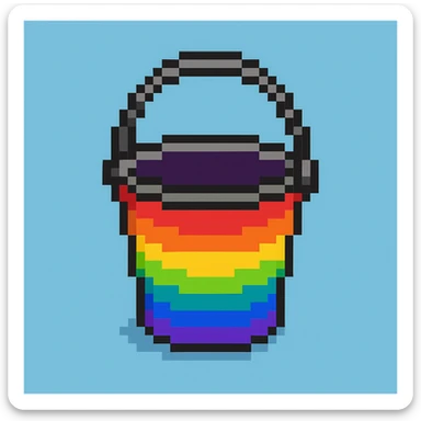 Make the blue and green bucket into a rainbow bucket in pixel art style sticker
