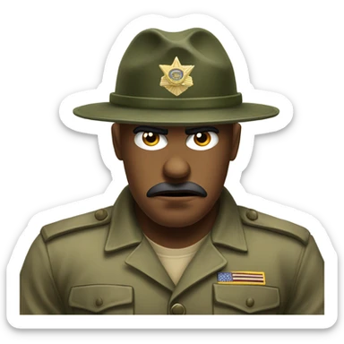 drill sergeant character wearing a classic sergeant hat and a camouflage army shirt. The character should have an angry intense expression. sticker