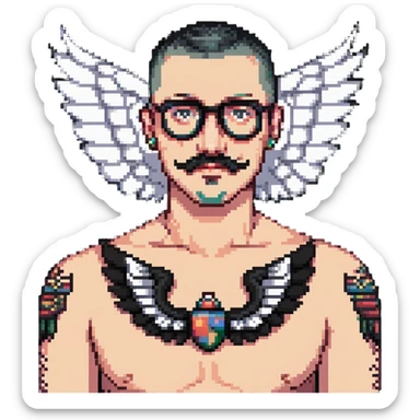 pumped up white male, glasses, buzz cut black hair, handlebar mustache black, two wings tattooed on his chest sticker