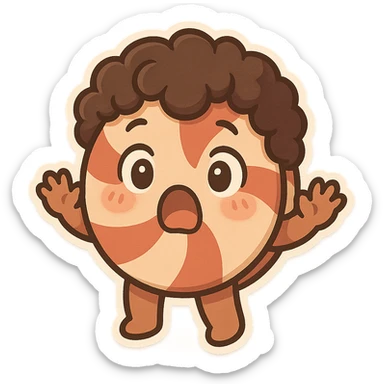 chibi style brown male peppermint with curly hair, shocked face, hands up, kawaii look sticker
