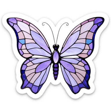 a stunningly detailed butterfly with lilac and ice-purple wings, adorned with an elegant mosaic-like pattern resembling stained glass. The wings should display a harmonious blend of swirling and geometric designs, giving them a mystical and artistic feel. The butterfly should have a graceful, elongated body with a subtle metallic sheen, enhancing its enchanting presence. sticker
