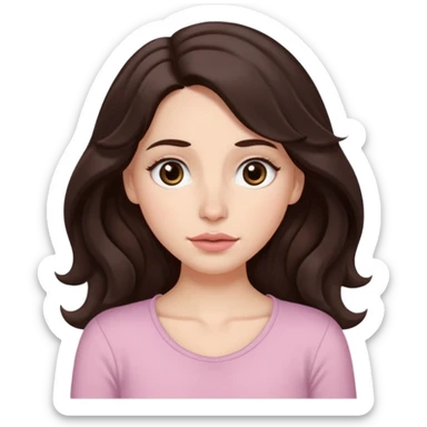 Aesthetic white girl with really long wavy/curly hair color dark brown, hair must be in front of the shoulders (hair in front of the shoulders). Big almond shape tired eyes color brown with dark circles, wide nose, natural lips, sweet expression. Dressed with a cute tight top color light pink. sticker