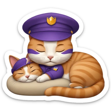 emoji of sleeping cat, its pose is lying, it has on his head FedEx uniform cap sticker