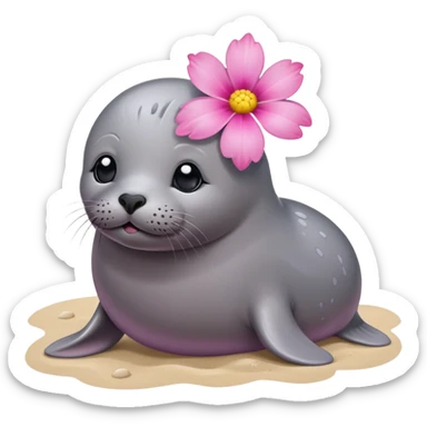 Seal on the beach with the pink flower on the head sticker