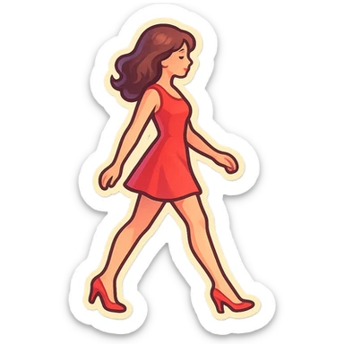 A girl walking from left to right, side view, wearing a short red dress and high heels, retro-stickers style, thin clean contours, soft rounded shapes, detailed drawing with shadows and highlights, pastel palette #98B5BC, #B5B3C1, #C9A3C9, #E4C0CA, #F7DCD1, #F7C0AA, modern Japanese pop art, soft lighting, transparent background, no extra decoration, focus on movement and elegance. sticker