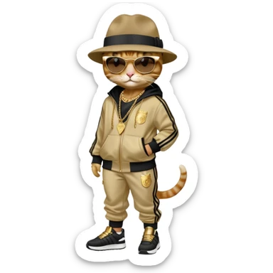 female cat dressed like Run DMC with tracksuit, fedora, Adidas shoes, dark sunglasses, lots of gold chains, upright sticker