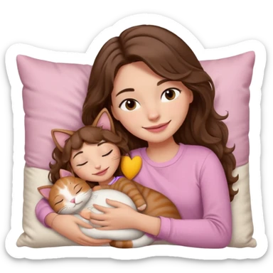 girl with wavy long brown hair, brown eyes, light to medium complexion, long lashes, light pink lipstick, smiling, wearing light pink shirt, sleeping on a cozy pillow, cuddling a cat  sticker