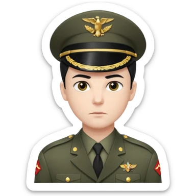 short black neat hair, sharp dark gray eyes, pale skin, serious expression, wearing military uniform, upright posture, minimal accessories, sharp and precise style. Man sticker