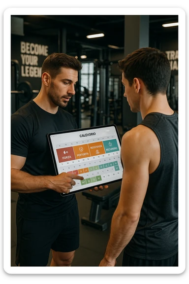 realistic cinematic photo a personal trainer and a client stand in a modern gym, reviewing a large, color-coded training calendar or chart on a tablet. The calendar shows different phases (Forza, Ipertrofia, Resistenza, Recupero) with icons and dates. Around them, gym equipment and motivational posters reinforce the idea of structured, periodized training. in italiano sticker