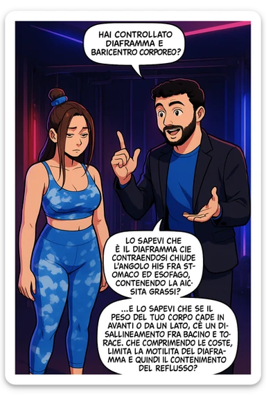 TRASFORMA QUESTO CAROSELLO IN UN FUMETTO STILE WEBTOON/MANGA A COLORI CON QUESTE DUE PERSONE IDENTICHE CHE INTERLOQUISCONO TRA LORO, L'uomo sta spiegando alla donna questo concetto:

LUI (UOMO): Hai controllato diaframma e baricentro corporeo?
LUI (UOMO): Lo sapevi che è il diaframma che contraendosi chiude l’angolo his fra stomaco ed esofago, contenendo la risalita degli acidi grassi?
LUI (UOMO): …e lo sapevi che se il peso del tuo corpo cade in avanti o da un lato, c’è un disallineamento fra bacino e torace, che comprimendo le coste, limita la motilità del diaframma e quindi il contenimento del reflusso? sticker